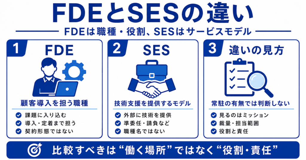 FDEとSESの違いを一言でいうと「職種・役割」と「サービスモデル」の違い